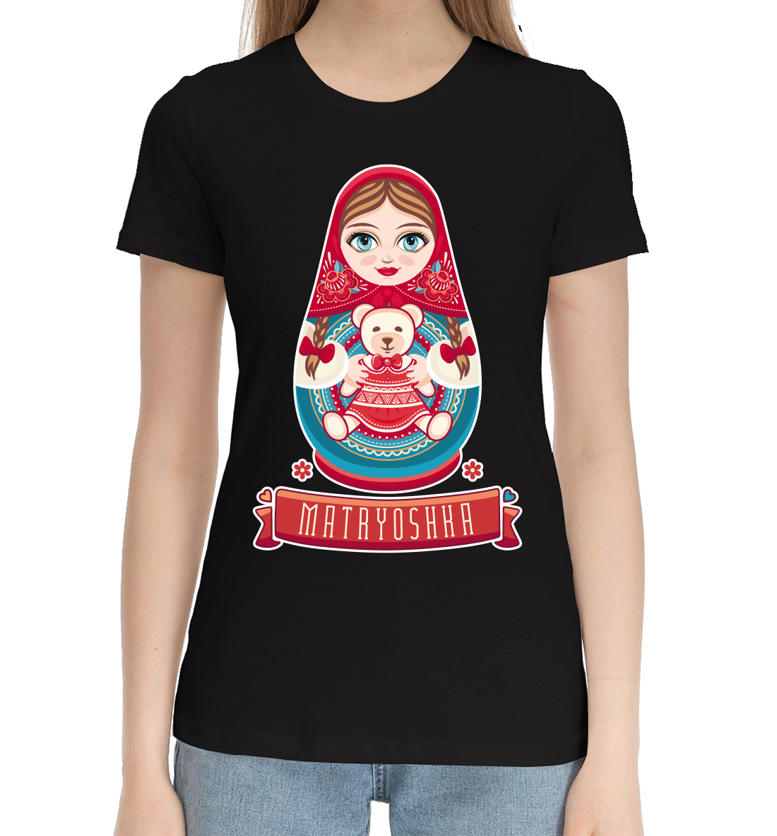 Женская Хлопковая футболка с принтом Матрешка, артикул VSY-552416-hfu-1mp