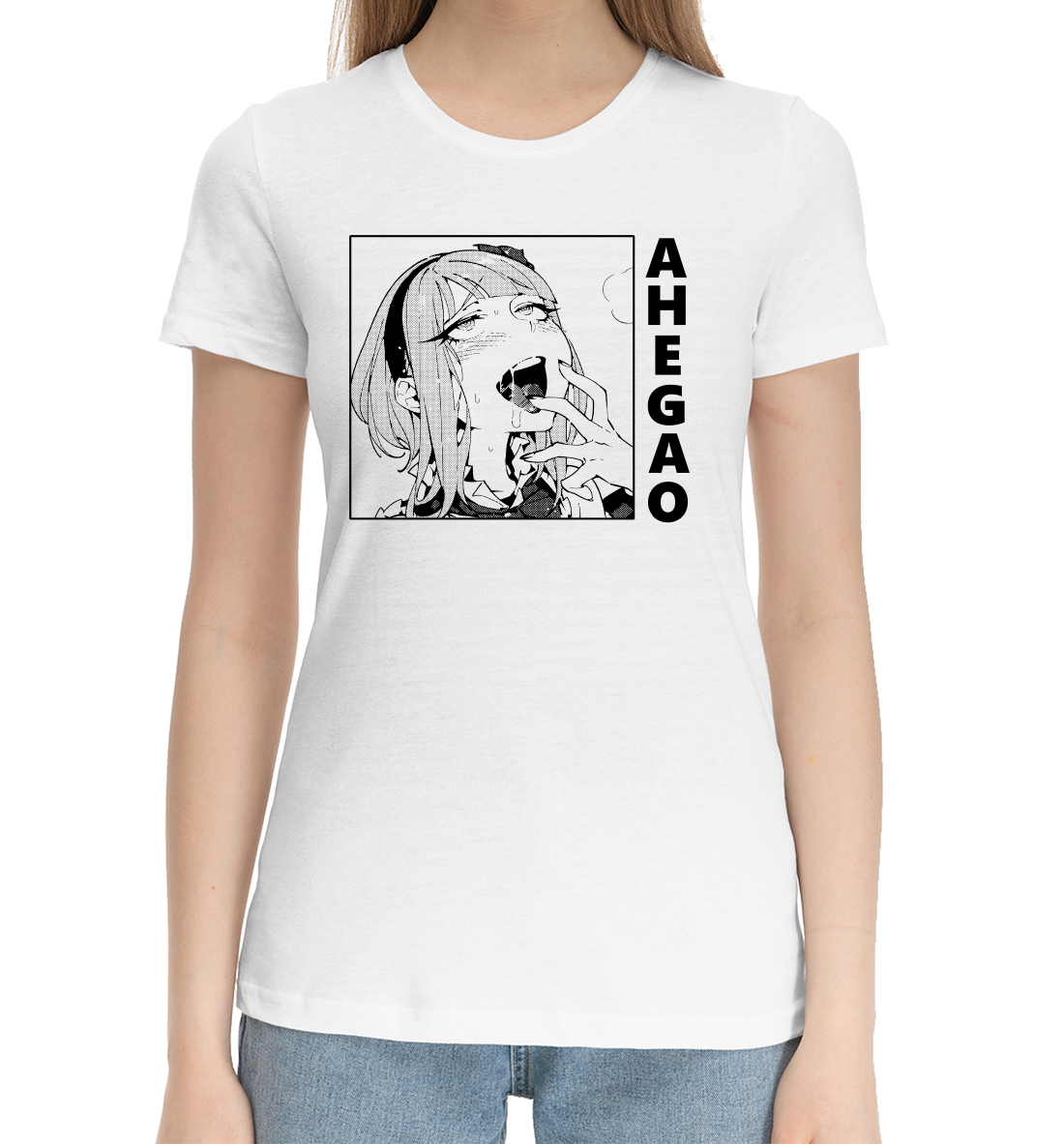 Женская Хлопковая футболка с принтом Ahegao, артикул AHG-430907-hfu-1mp