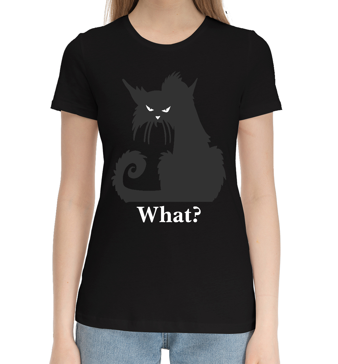 Женская Хлопковая футболка с надписью What?, артикул CAT-950825-hfu-1mp