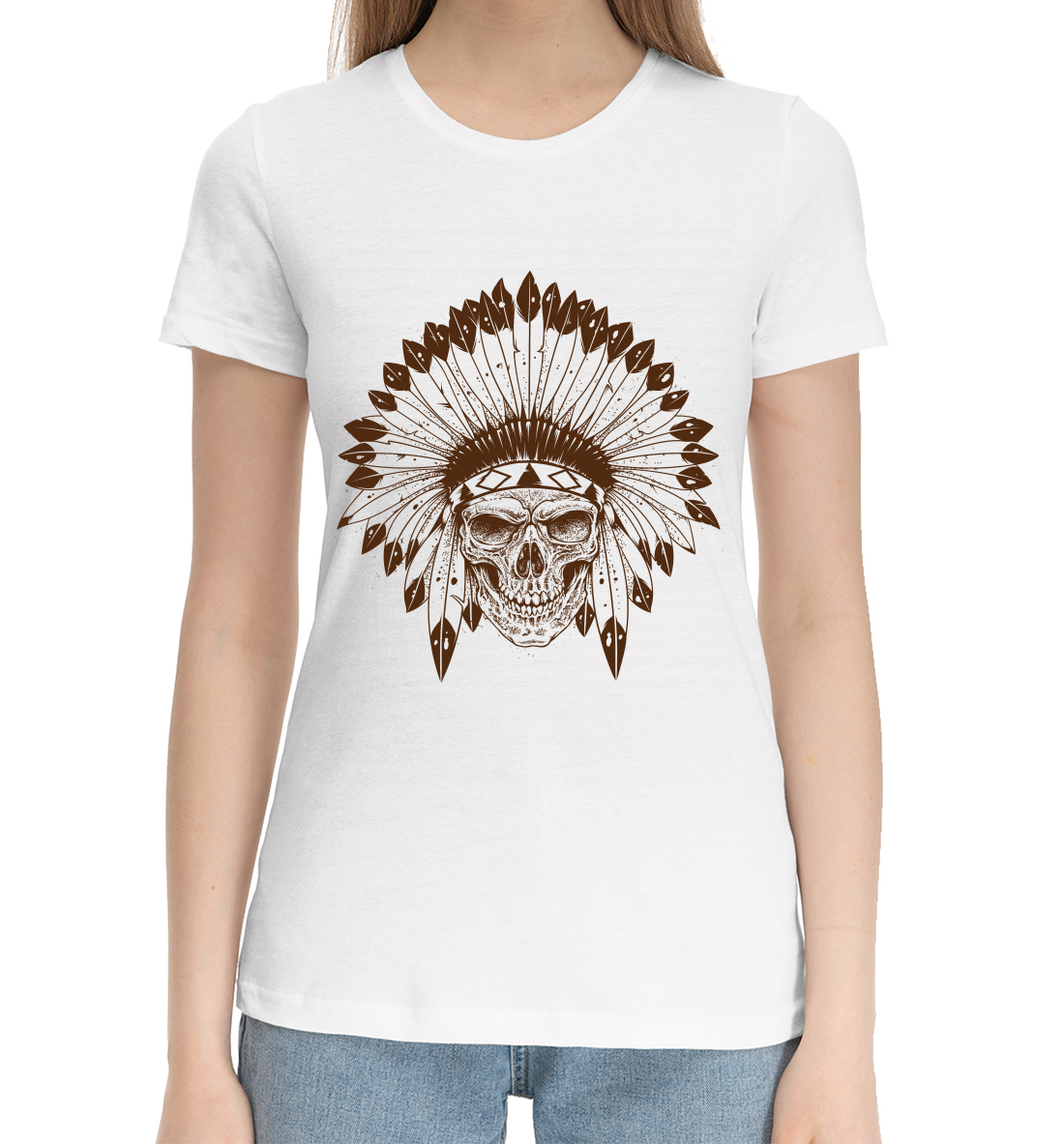 Женская Хлопковая футболка с принтом Indian Skull 2, артикул SKU-249858-hfu-1mp