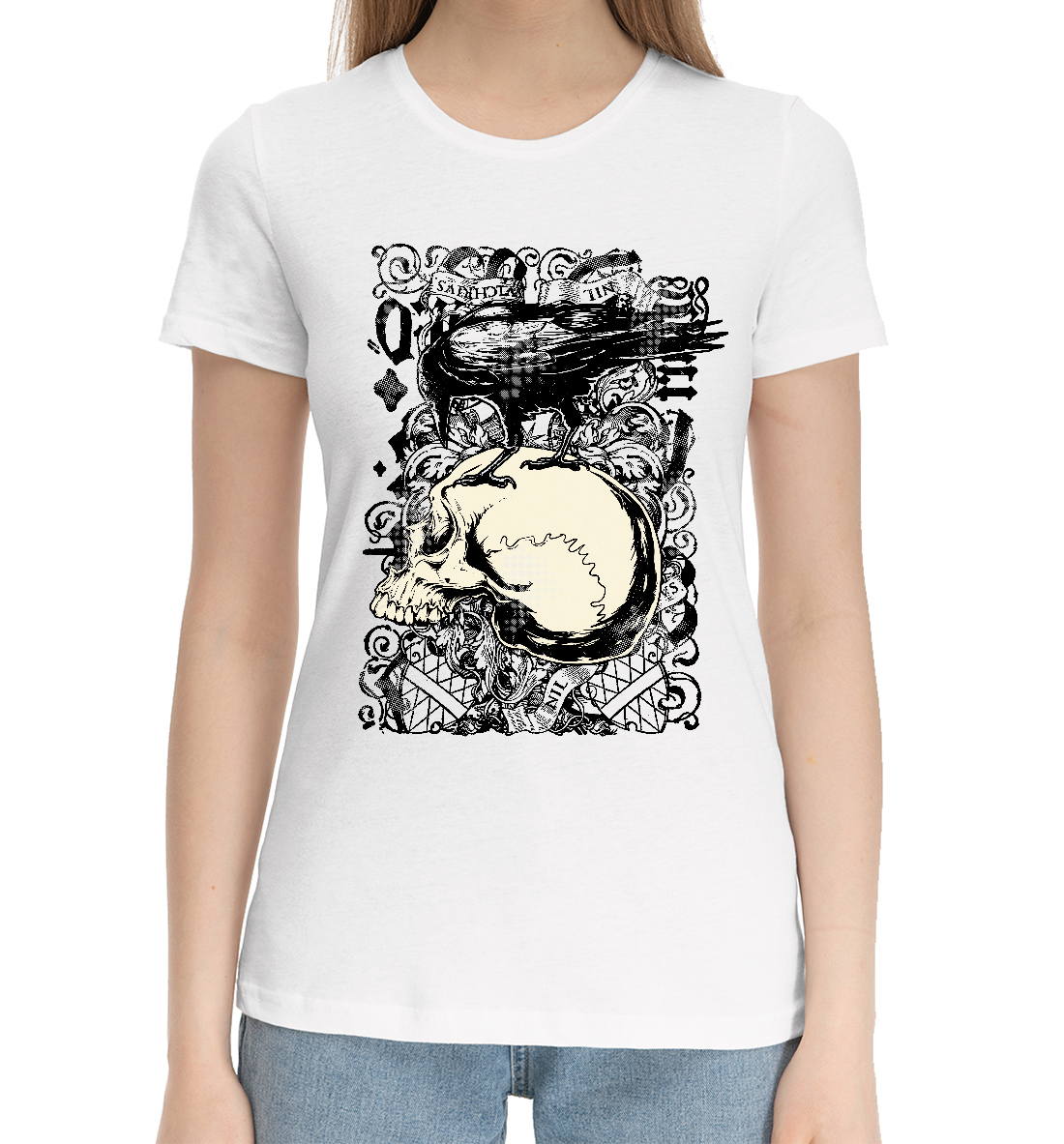 Женская Хлопковая футболка с принтом Raven & Skull, артикул SKU-442525-hfu-1mp