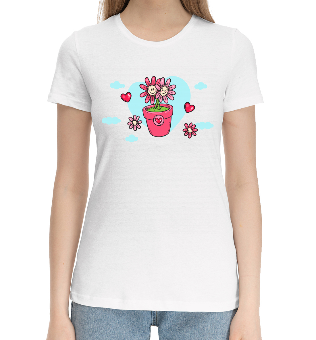 Женская Хлопковая футболка с принтом Цветы, артикул 14F-376930-hfu-1mp