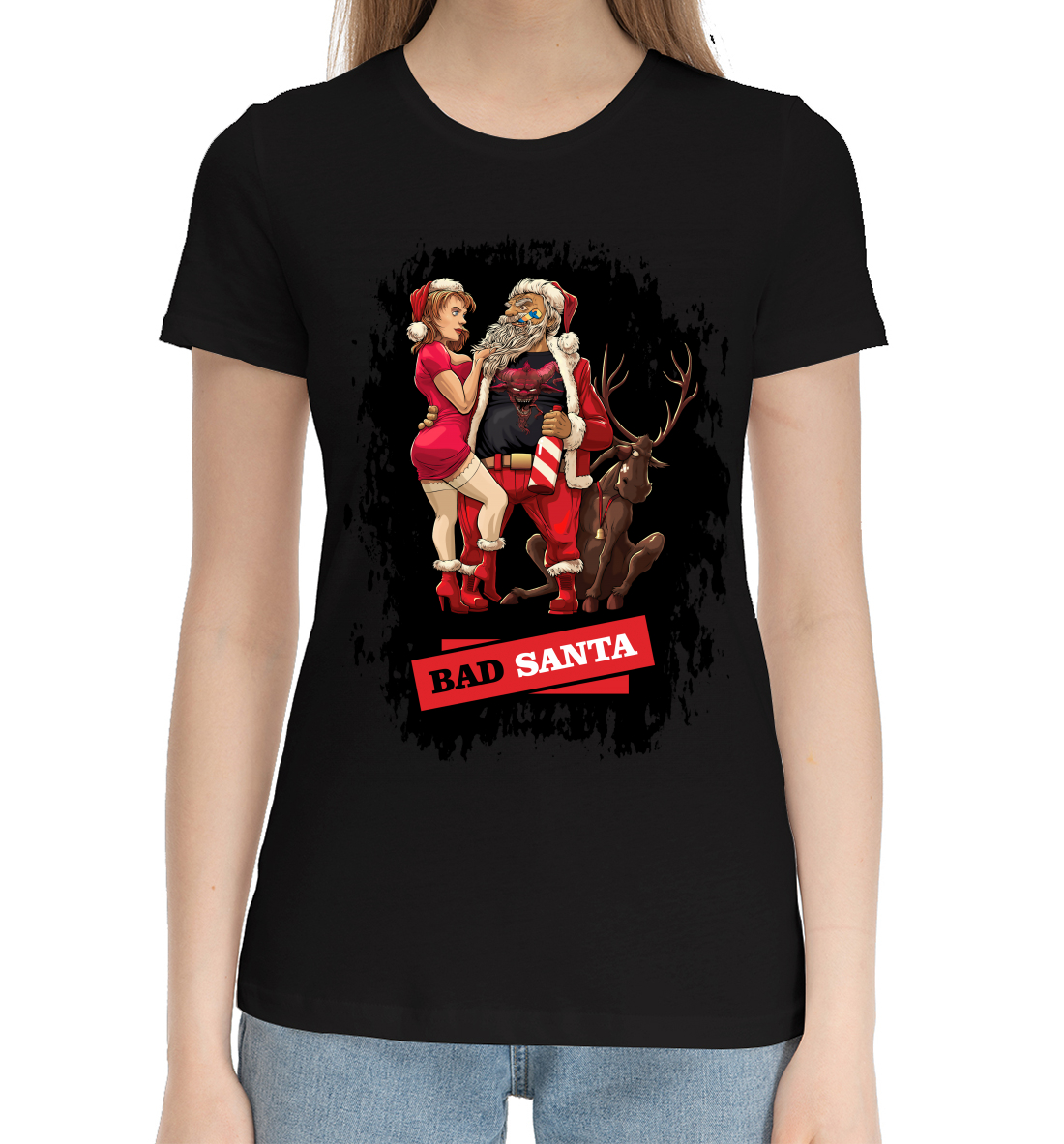 Женская Хлопковая футболка с принтом Bad santa, артикул DMZ-887302-hfu-1mp