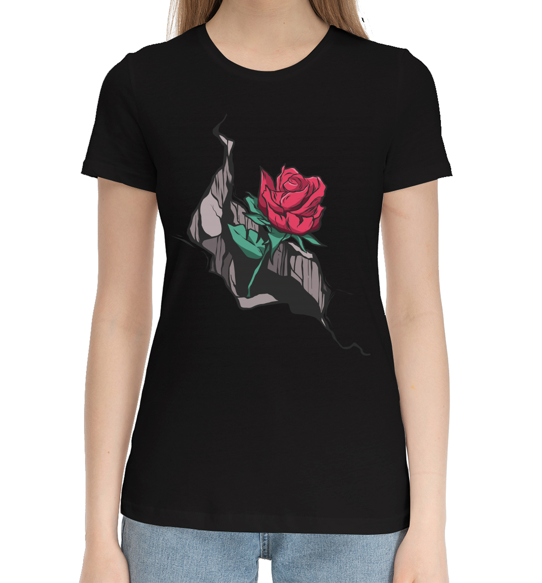 Женская Хлопковая футболка с принтом Трещина с розой, артикул CVE-124716-hfu-1mp