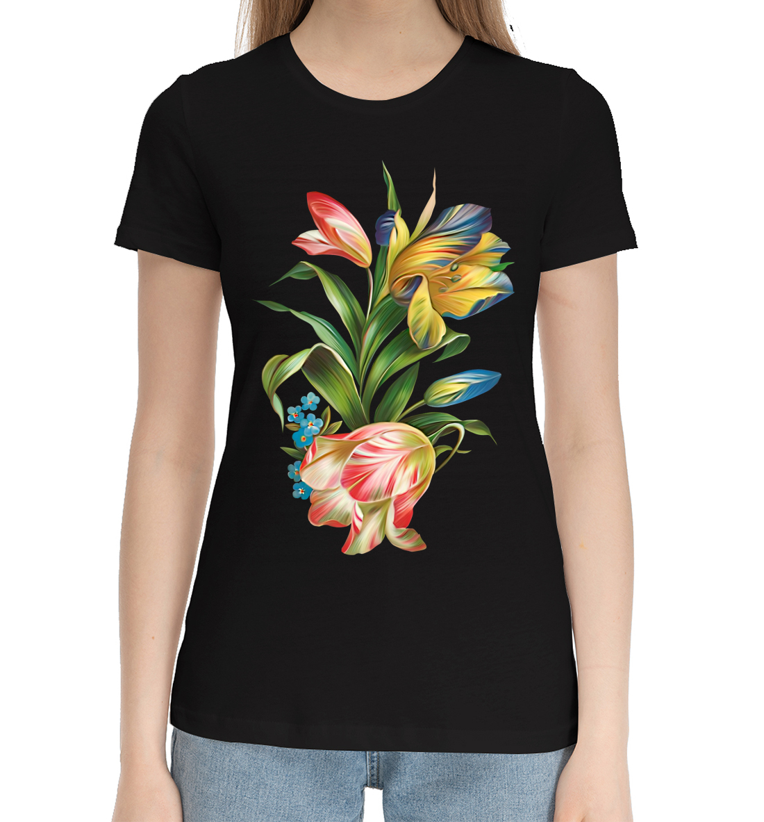 Женская Хлопковая футболка с принтом Красивые цветы, артикул CVE-211210-hfu-1mp