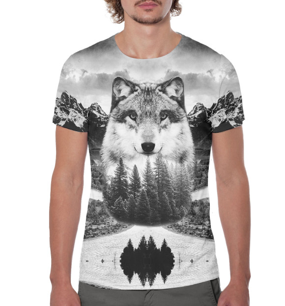 Мужская футболка с изображением Волк цвета Белый