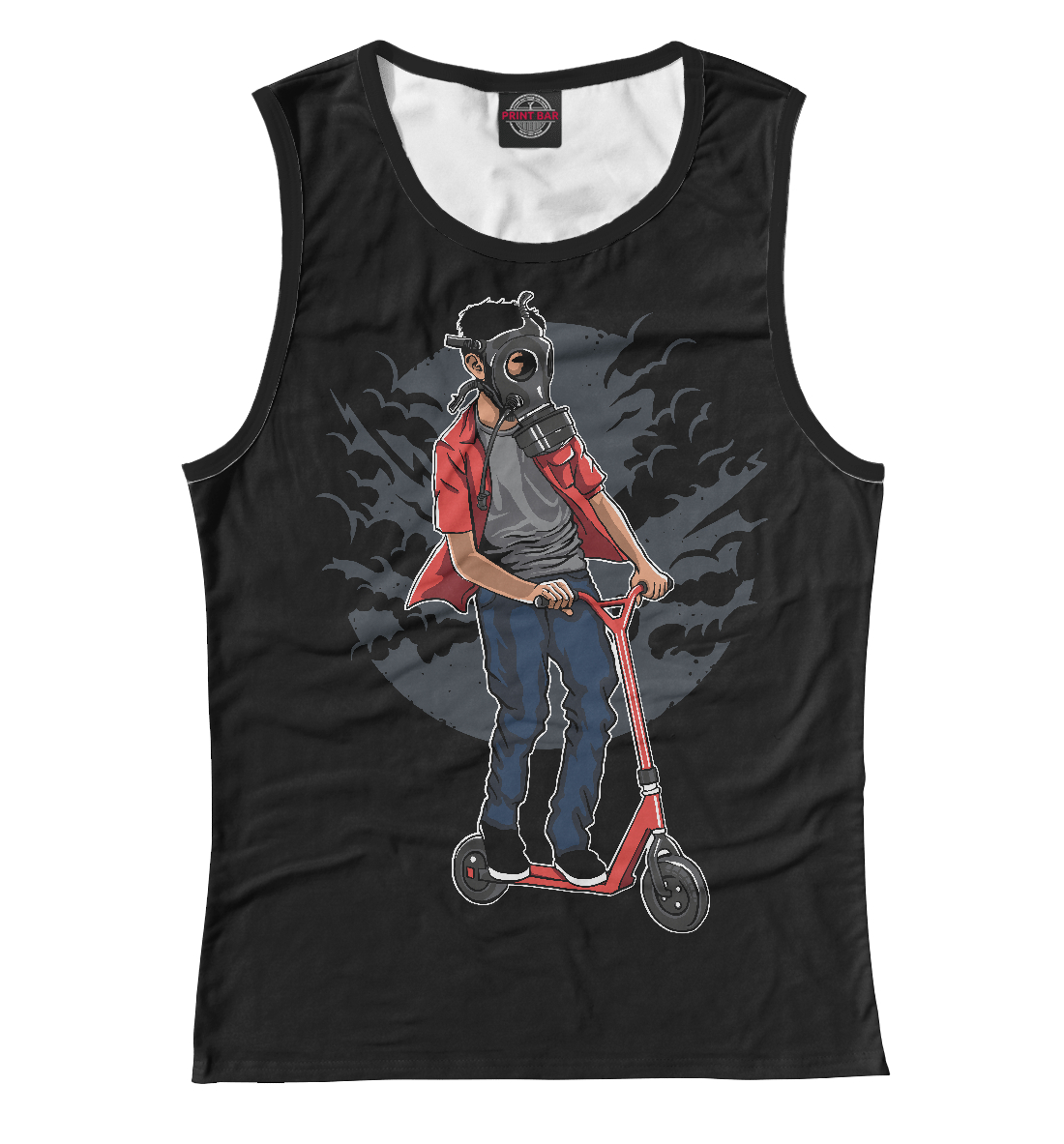 

Мальчик на самокате в противогазе