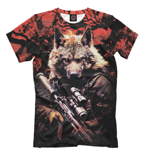 

Мужская футболка Волк солдат в красном лесу