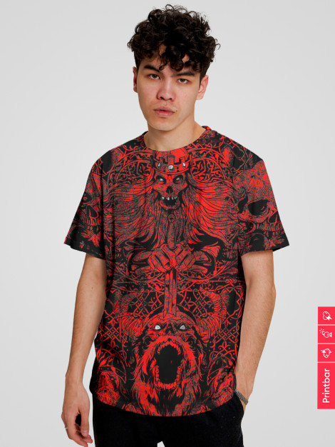 

Мужская футболка Скелет с мечом красный фон