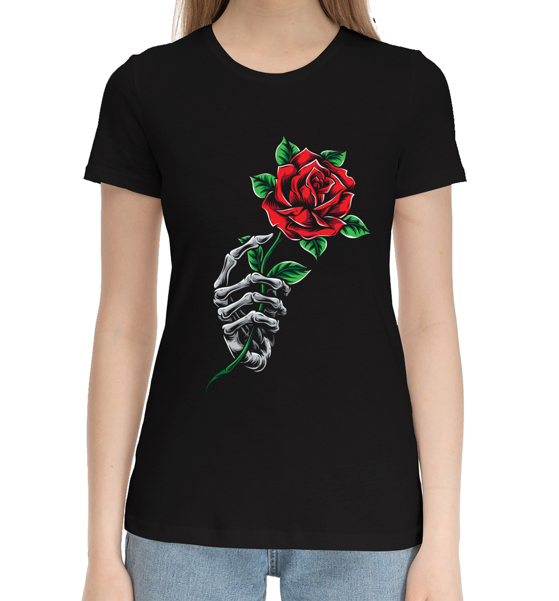 Женская Хлопковая футболка с принтом Роза в руке скелета, артикул CVE-460007-hfu-1mp