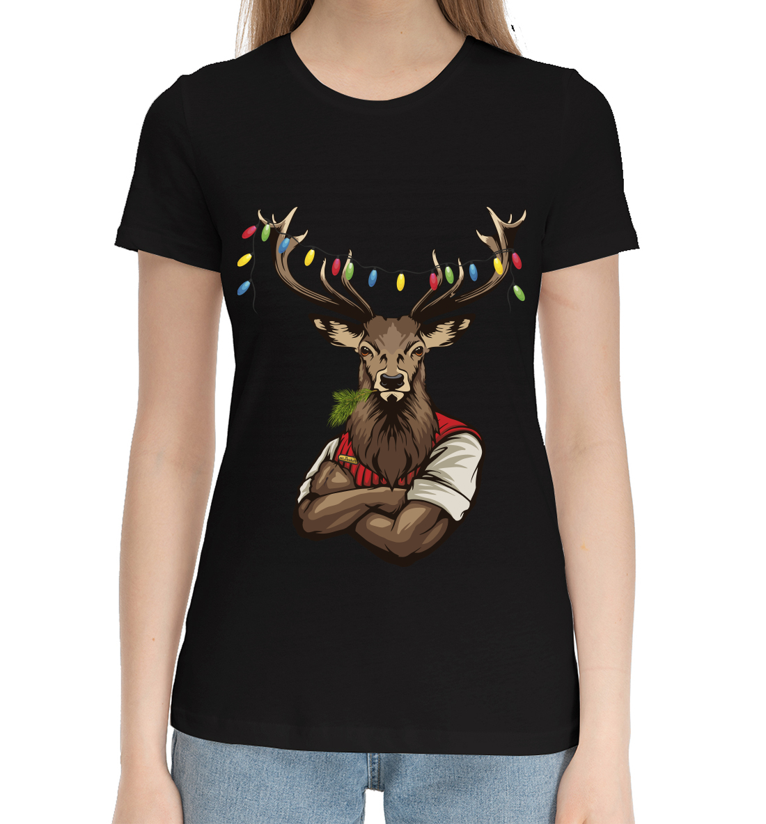 Женская Хлопковая футболка с принтом Крутой олень, артикул NVO-129931-hfu-1mp