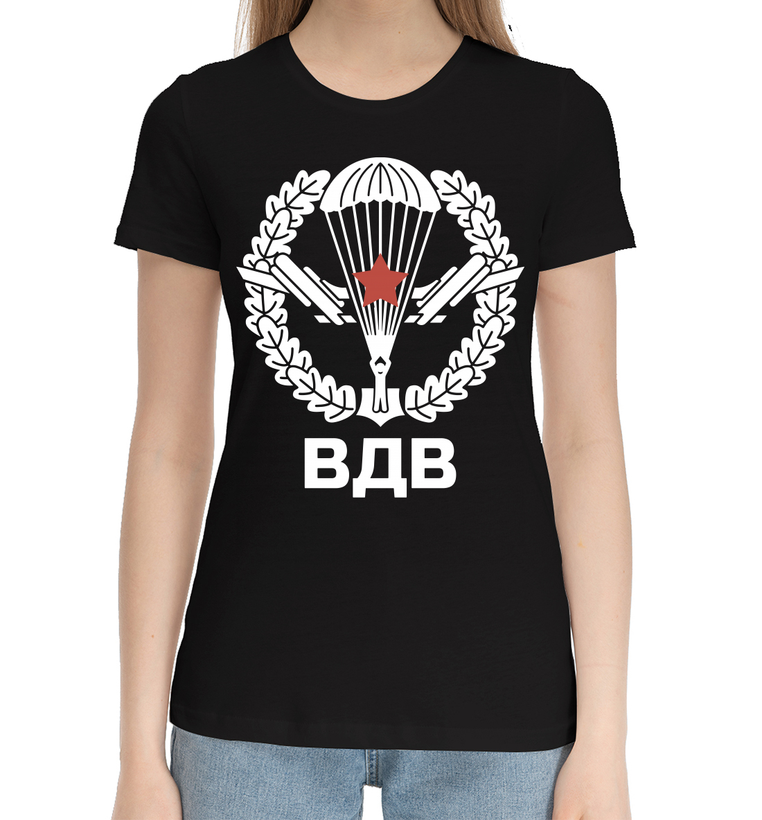 Женская Хлопковая футболка с принтом ВДВ, артикул VDV-378788-hfu-1mp