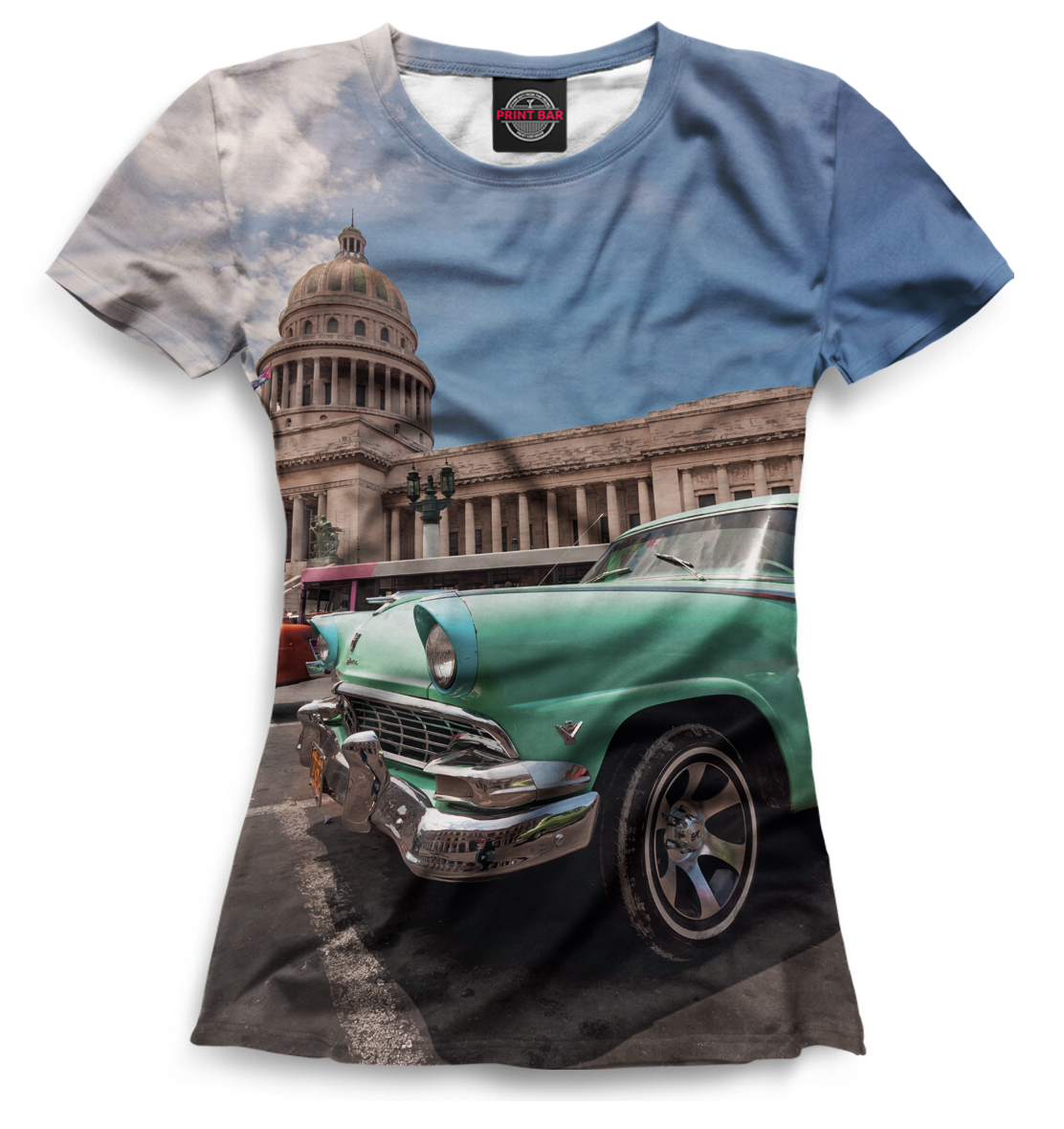 Женская футболка с изображением Автомобили на Кубе цвета Белый