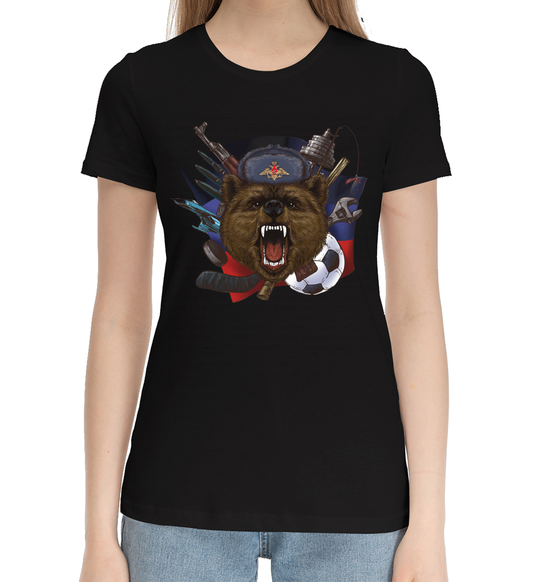 Женская Хлопковая футболка с принтом Русский медведь, артикул VSY-594344-hfu-1mp