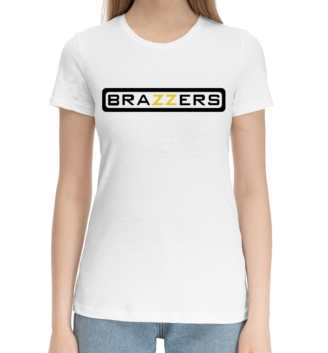 Женская Хлопковая футболка с надписью Brazzers, артикул BRZ-364012-hfu-1mp