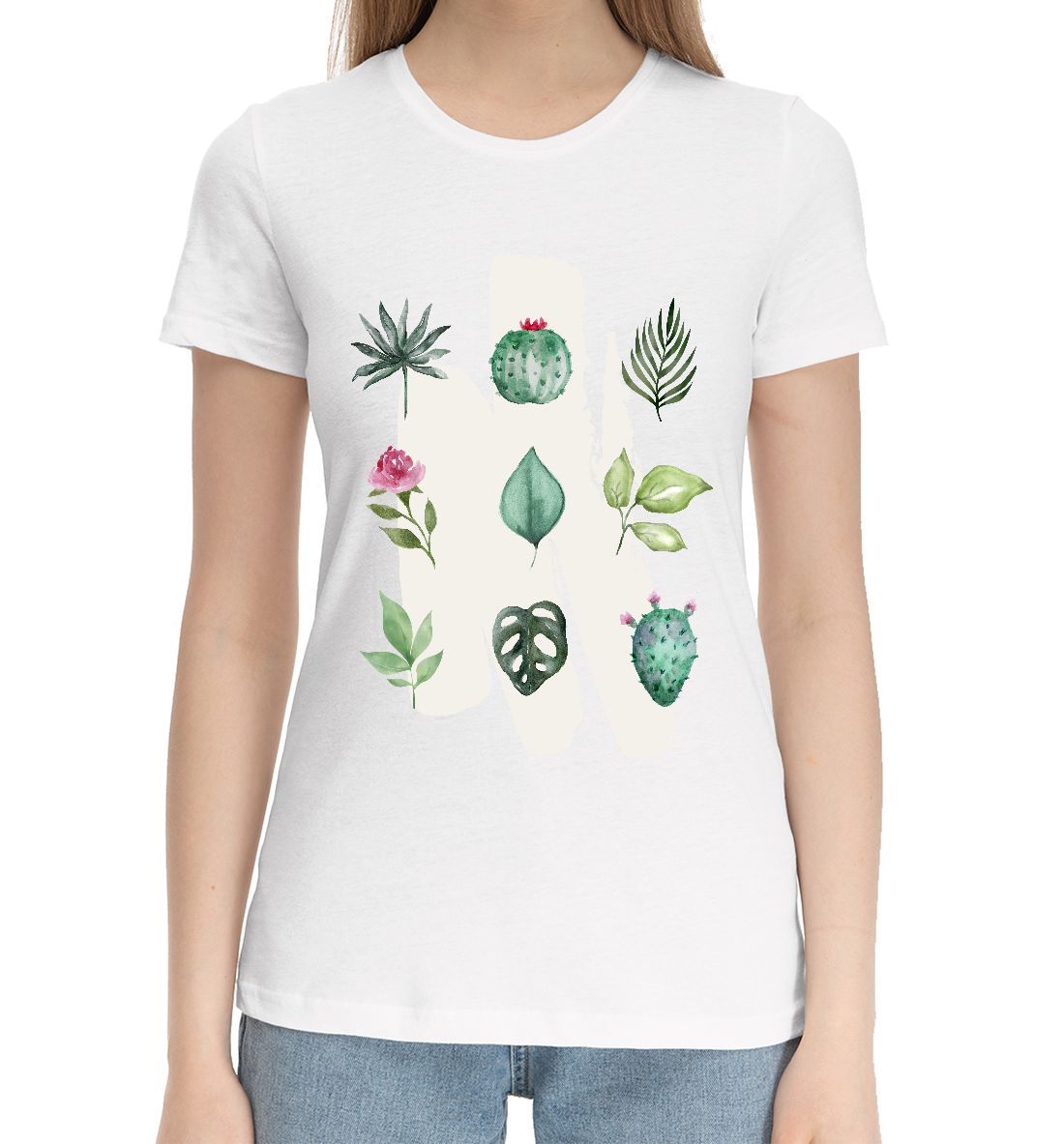 Женская Хлопковая футболка с принтом Роза и кактус, артикул CVE-347090-hfu-1mp