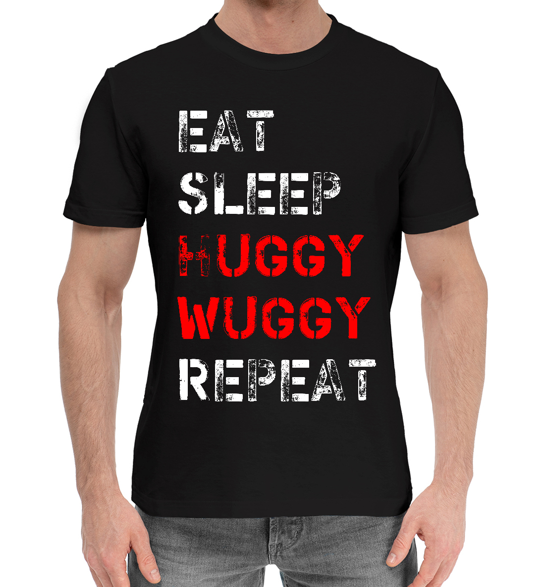 Мужская Хлопковая футболка с принтом Eat Sleep Huggy Wuggy Repeat, артикул PPE-296327-hfu-2mp