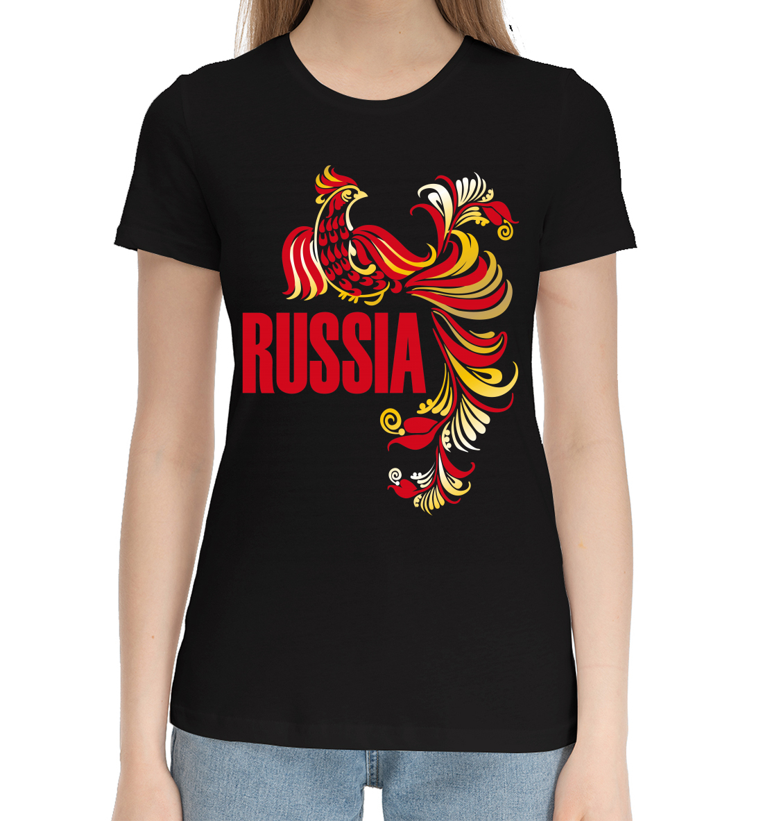 Женская Хлопковая футболка с принтом Россия, артикул VSY-257432-hfu-1mp