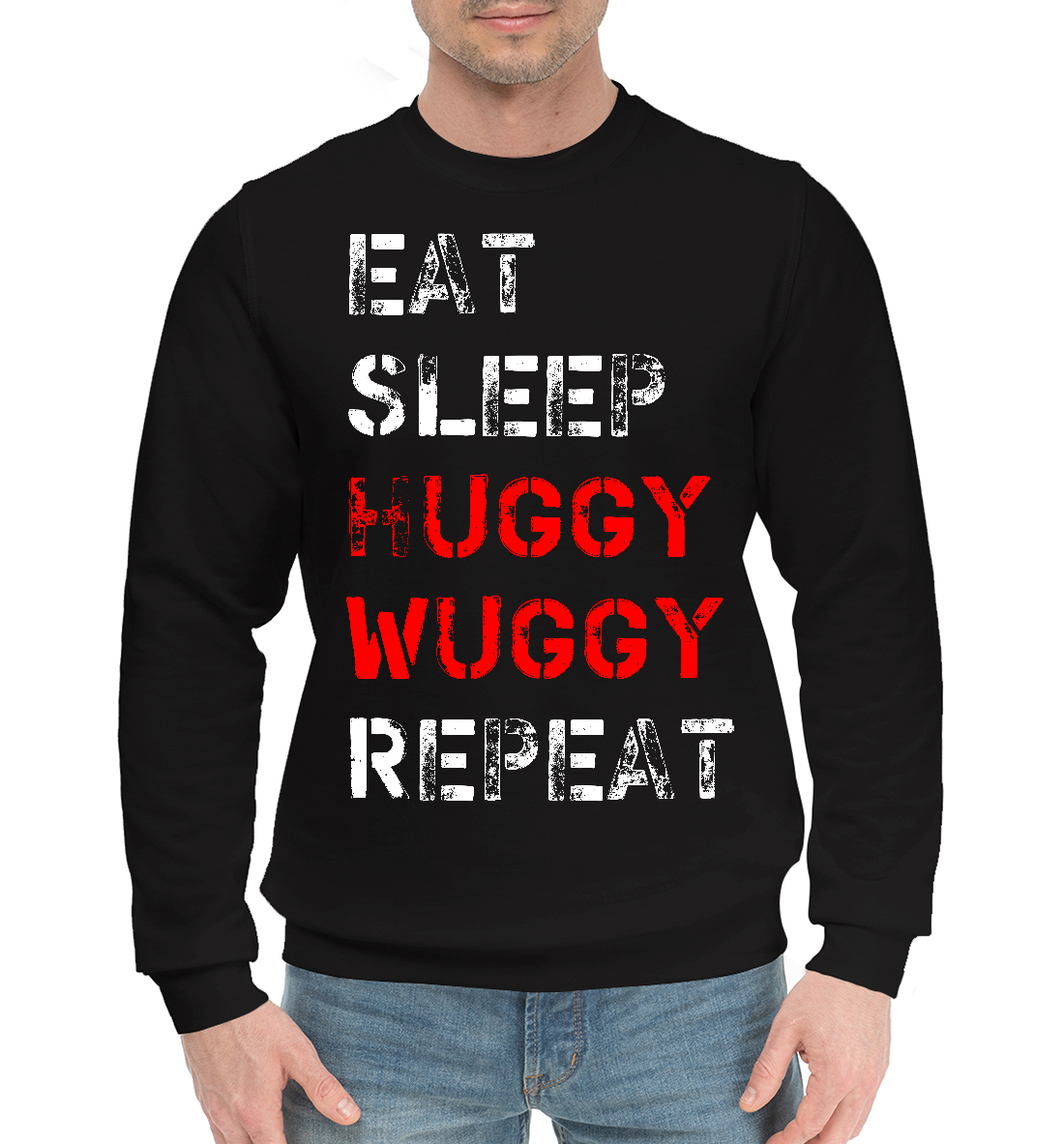 Мужской Хлопковый свитшот с принтом Eat Sleep Huggy Wuggy Repeat, артикул PPE-296327-hsw-2mp