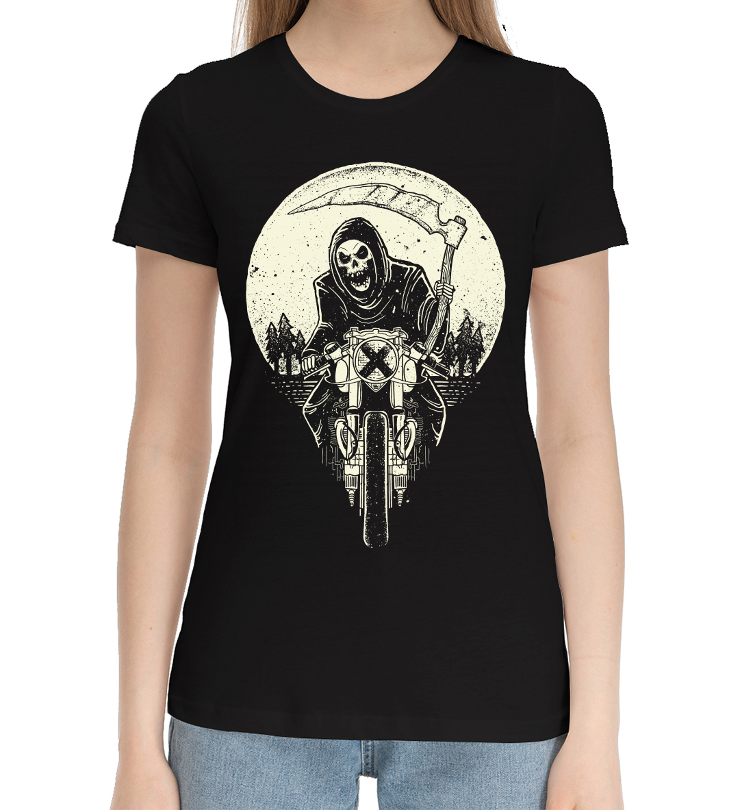 Женская Хлопковая футболка с принтом Скелет с косой, артикул SKU-327759-hfu-1mp