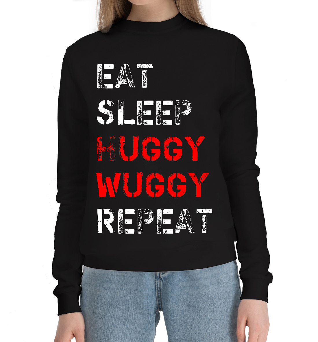 Женский Хлопковый свитшот с принтом Eat Sleep Huggy Wuggy Repeat, артикул PPE-296327-hsw-1mp