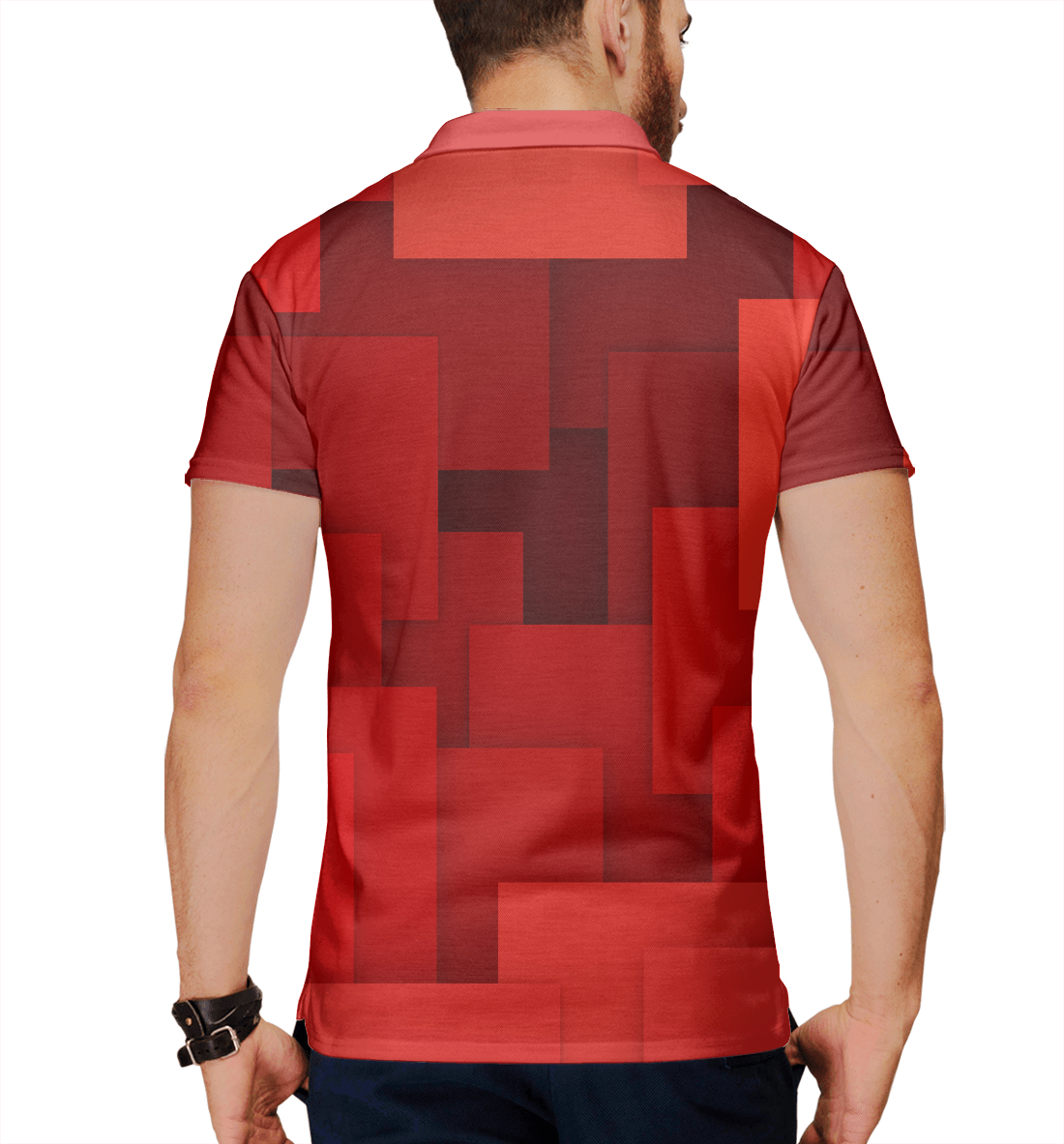 Мужское поло с принтом Красная геометрия  - фото 2-спина