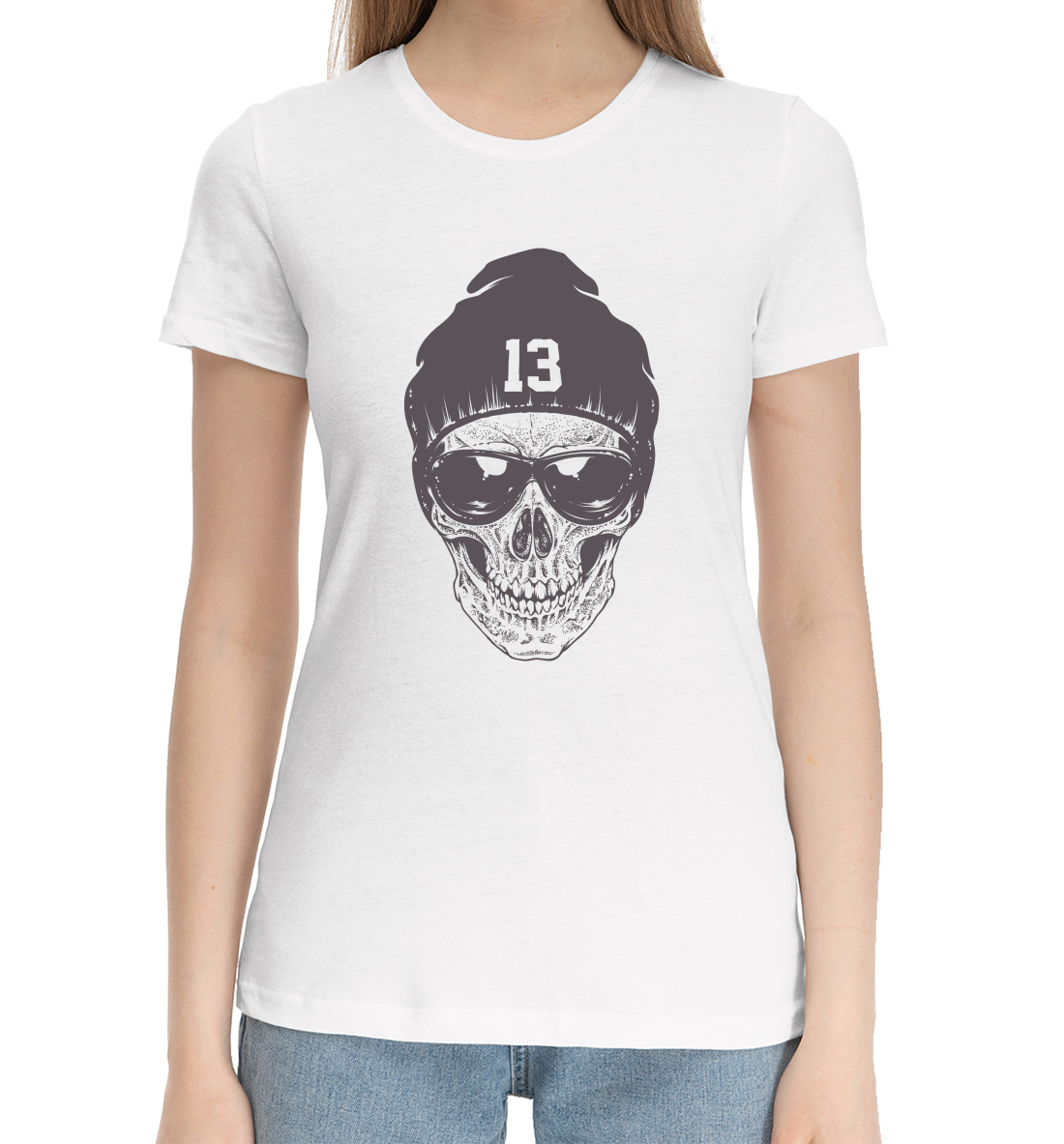 Женская Хлопковая футболка с принтом Череп в очках, артикул SKU-946396-hfu-1mp