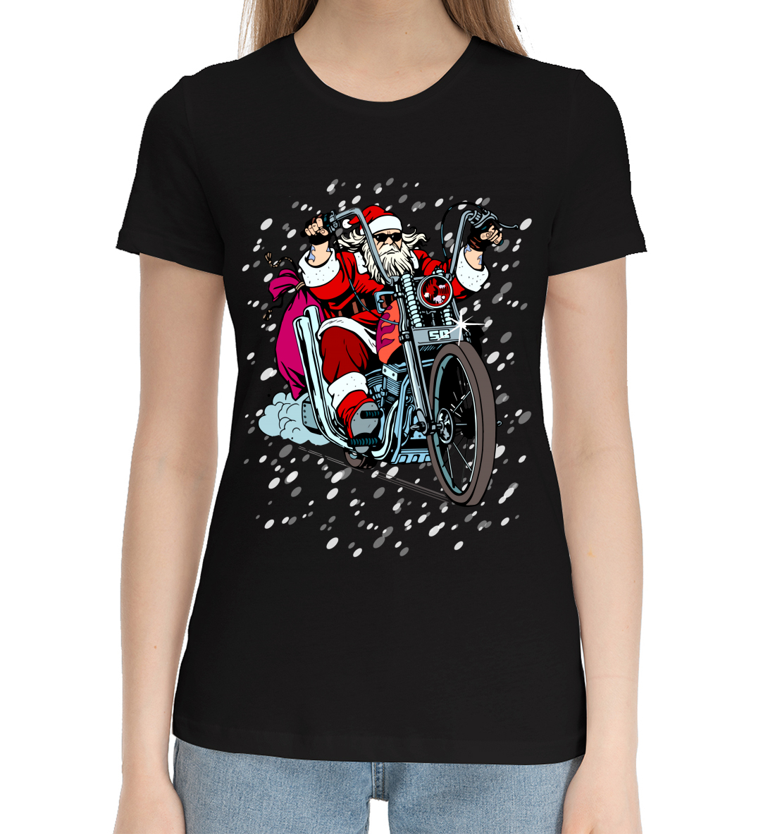 Женская Хлопковая футболка с принтом Санта Клаус байкер, артикул NOV-248863-hfu-1mp