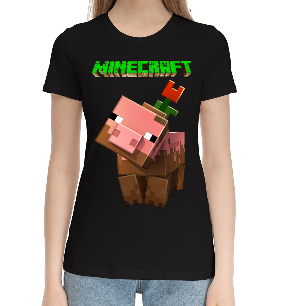 Женская Хлопковая футболка с принтом Minecraft, артикул MCR-955906-hfu-1mp