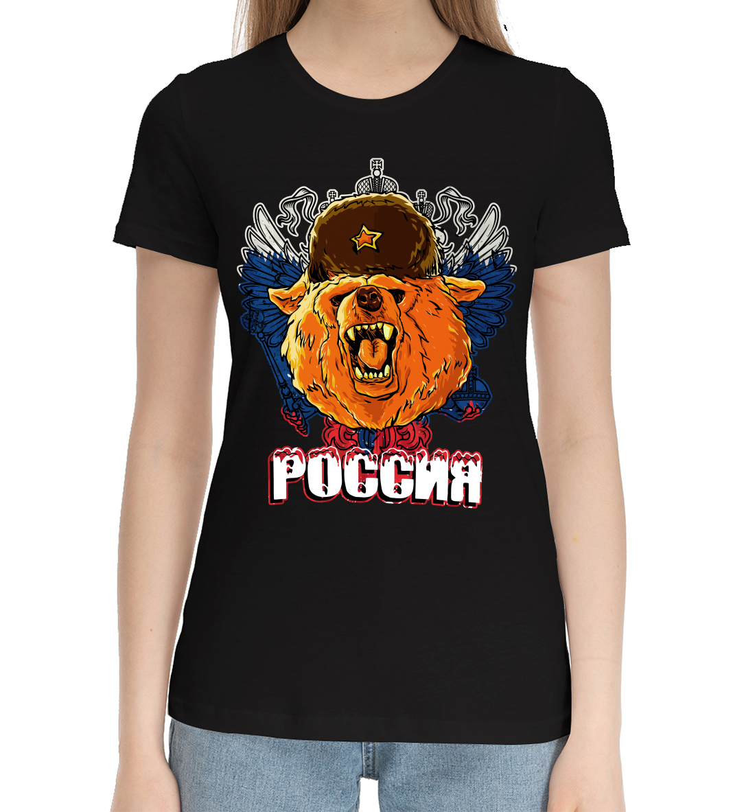 Женская Хлопковая футболка с принтом Россия, артикул SRF-386686-hfu-1mp