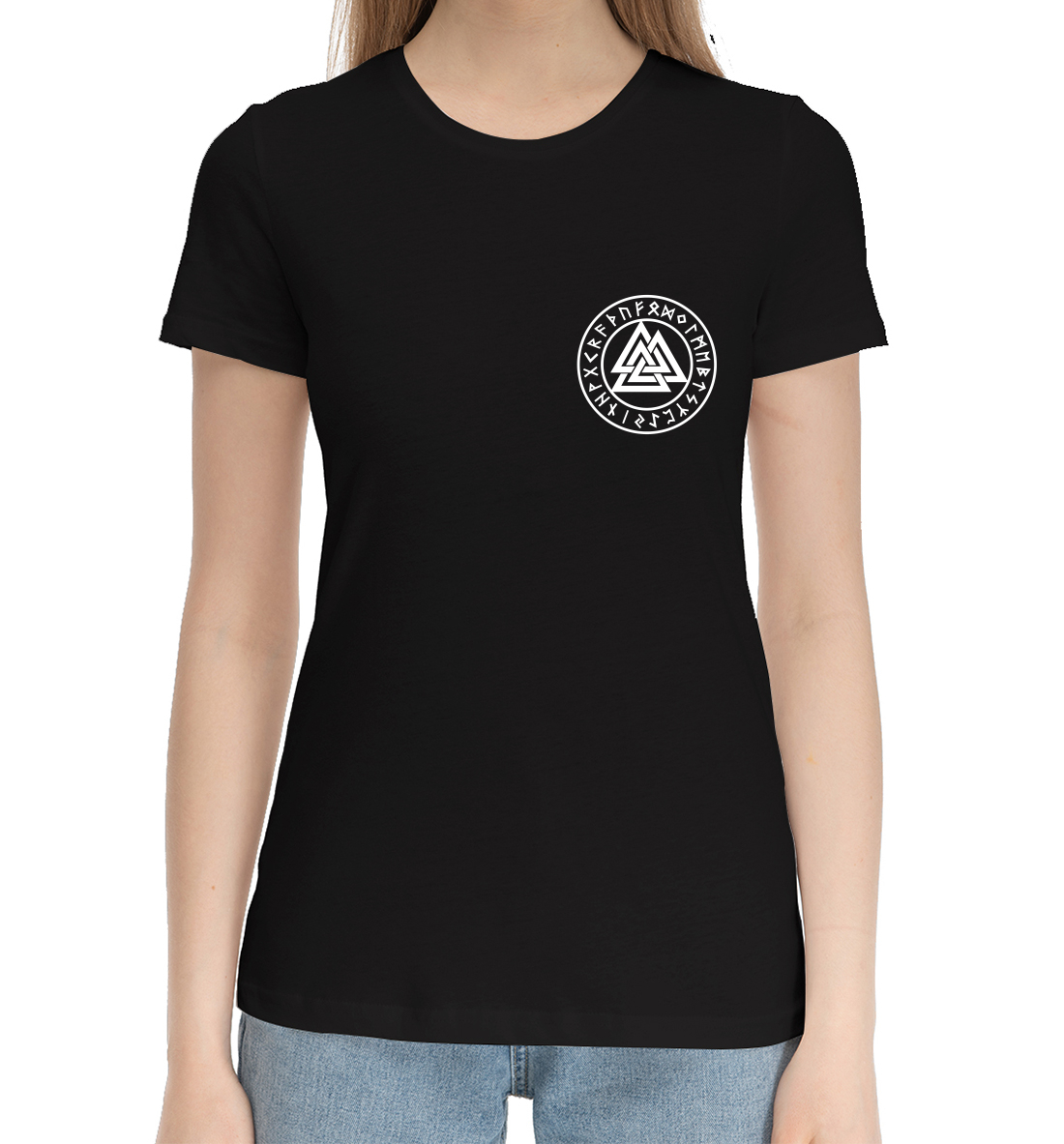 Женская Хлопковая футболка с принтом Валькнут в круге рун, артикул SSM-114661-hfu-1mp