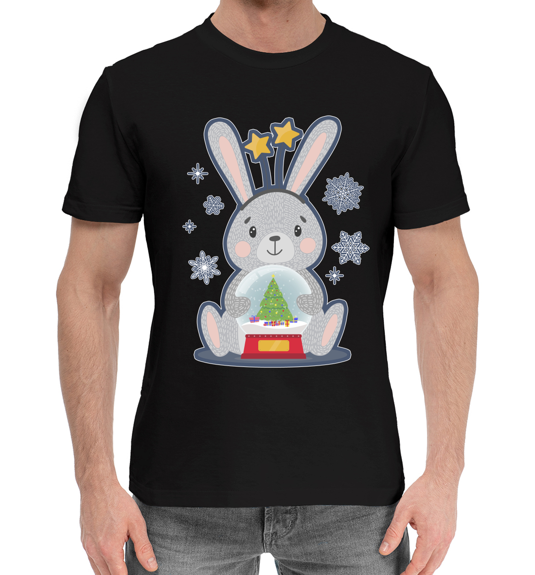 Мужская Хлопковая футболка с принтом Кролик со снежным шаром, артикул YOT-277758-hfu-2mp
