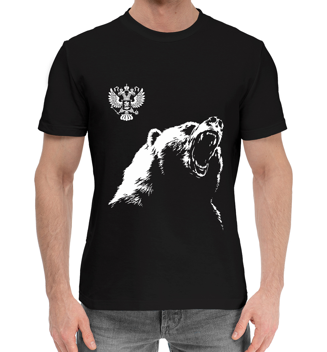 Мужская Хлопковая футболка с принтом Русский медведь и герб, артикул SRF-580538-hfu-2mp