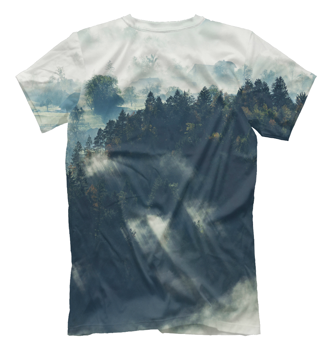 Мужская футболка с принтом Туманный лес. Лучи солнца  - фото 2-спина