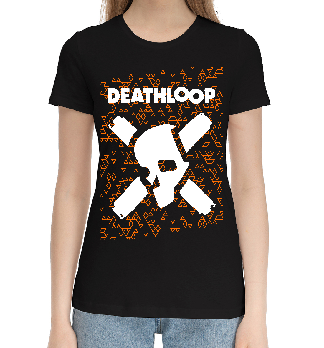 Женская Хлопковая футболка с принтом Deathloop - Skull - Triangles, артикул RPG-405755-hfu-1mp