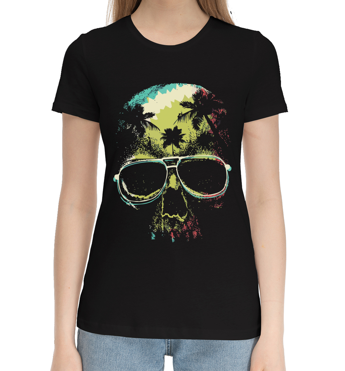 Женская Хлопковая футболка с принтом Тропический череп, артикул SKU-148523-hfu-1mp