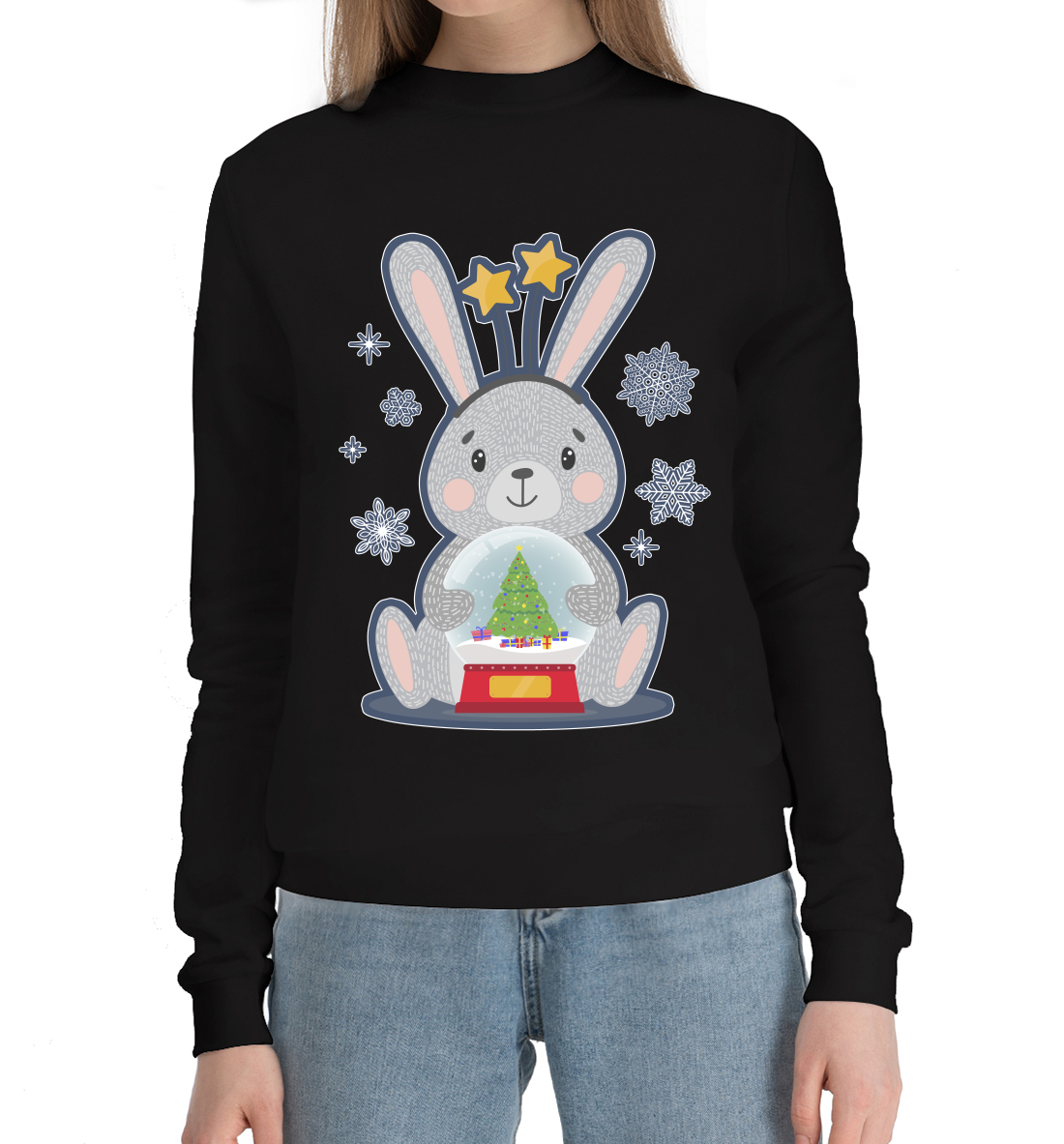 Женский Хлопковый свитшот с принтом Кролик со снежным шаром, артикул YOT-277758-hsw-1mp