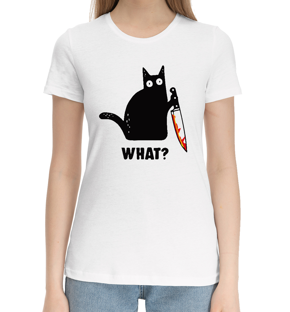 Женская Хлопковая футболка с принтом Кот с ножом, артикул HAL-237254-hfu-1mp