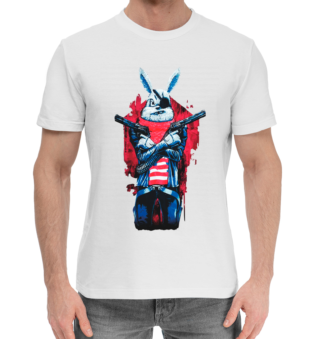 Мужская Хлопковая футболка с принтом Кролик с пистолетом, артикул SOT-633094-hfu-2mp