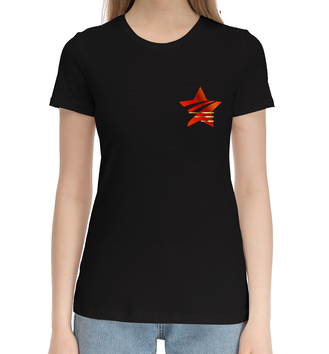 Женская Хлопковая футболка с принтом 23 февраля, артикул 23F-370426-hfu-1mp