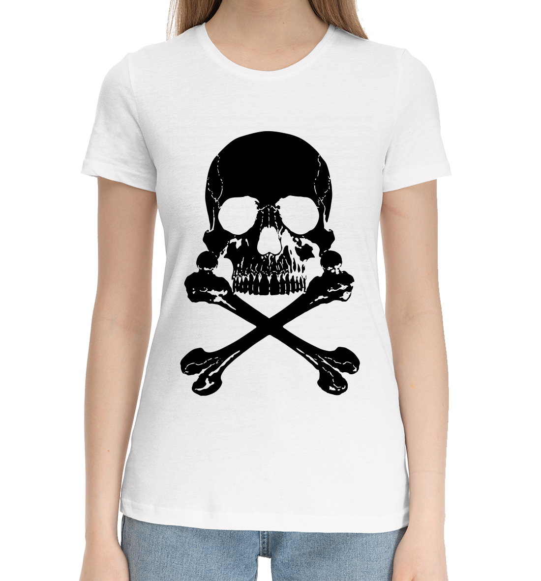 Женская Хлопковая футболка с принтом Череп и кости, артикул SKU-385022-hfu-1mp