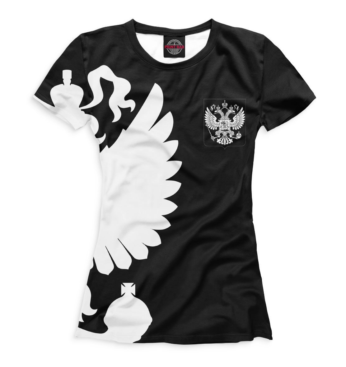 Женская футболка с изображением Герб России / Белый на Черном цвета Белый