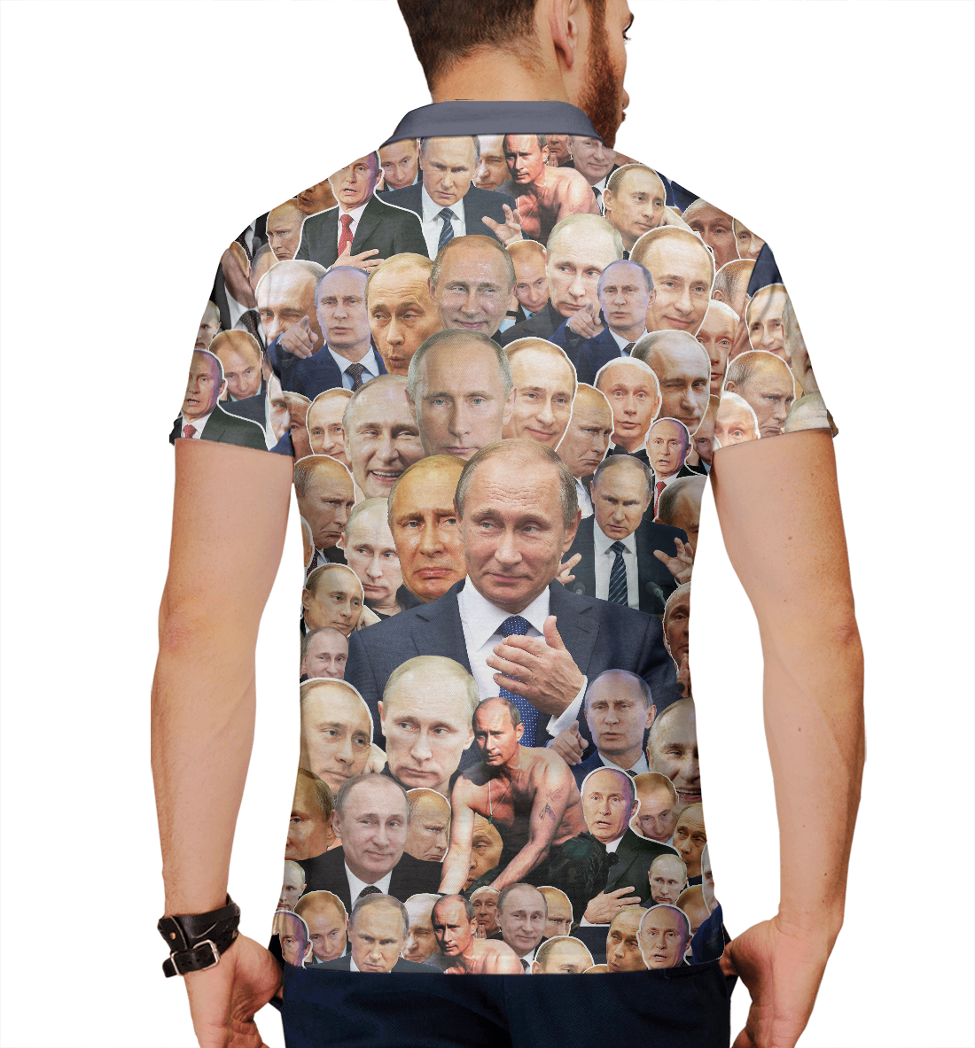 Мужское поло с принтом Путин коллаж  - фото 2-спина