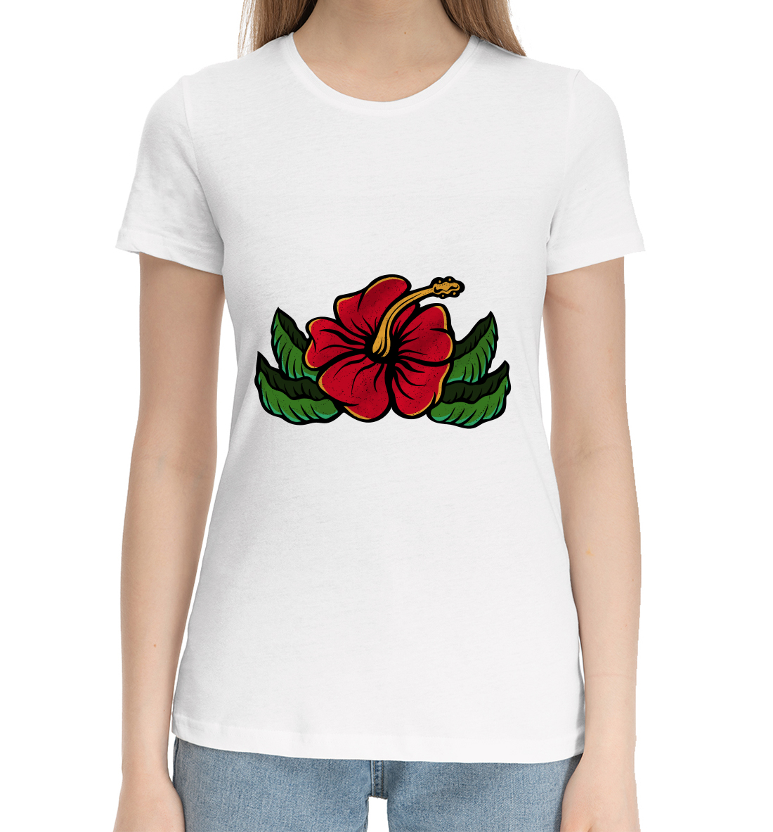 Женская Хлопковая футболка с принтом Красный Гибискус, артикул CVE-158079-hfu-1mp