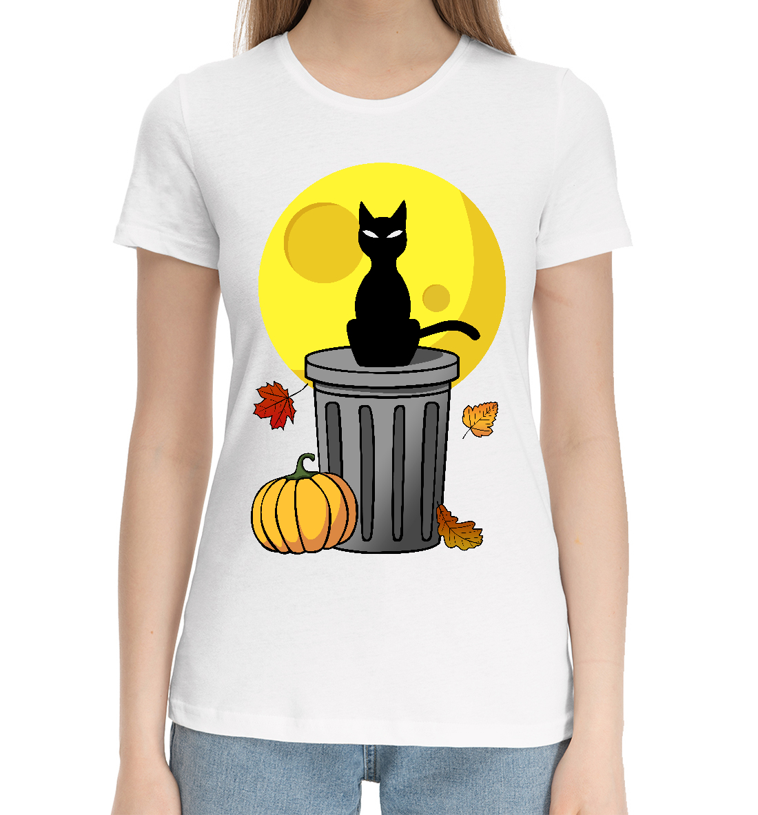 Женская Хлопковая футболка с принтом Черный кот, артикул HAL-140151-hfu-1mp