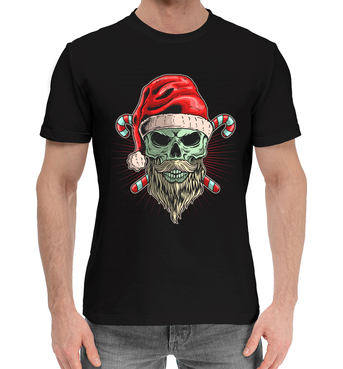 Мужская Хлопковая футболка с принтом Новогодний череп, артикул DMZ-262128-hfu-2mp
