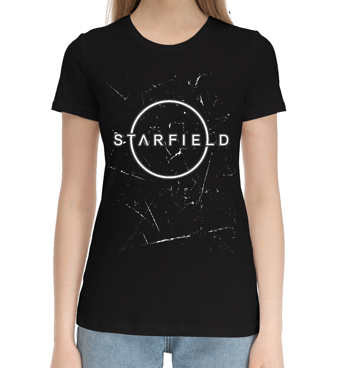 Женская Хлопковая футболка с принтом Starfield - Grunge, артикул RPG-593491-hfu-1mp