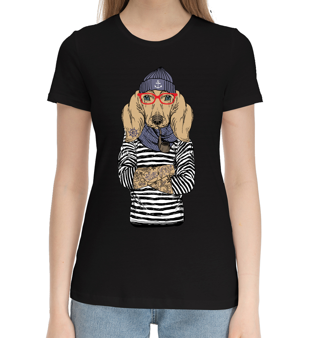 Женская Хлопковая футболка с принтом Модная такса, артикул DOG-149012-hfu-1mp