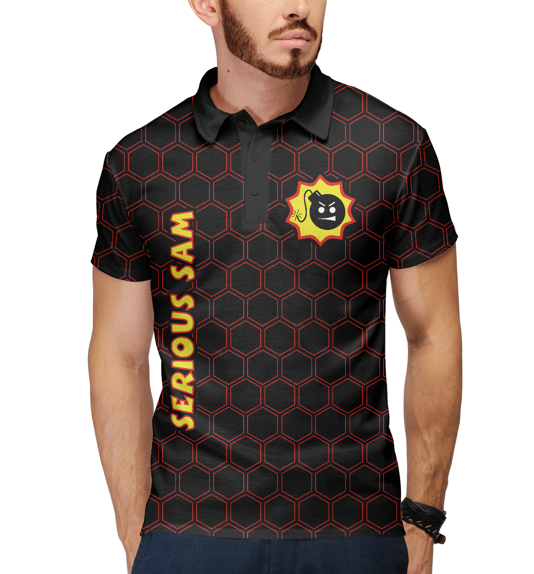 Мужское поло Serious Sam / Крутой Сэм (Serious Sam) за 2499 ? на заказ с  принтом надписью купить в Print Bar (RPG-818943) ?