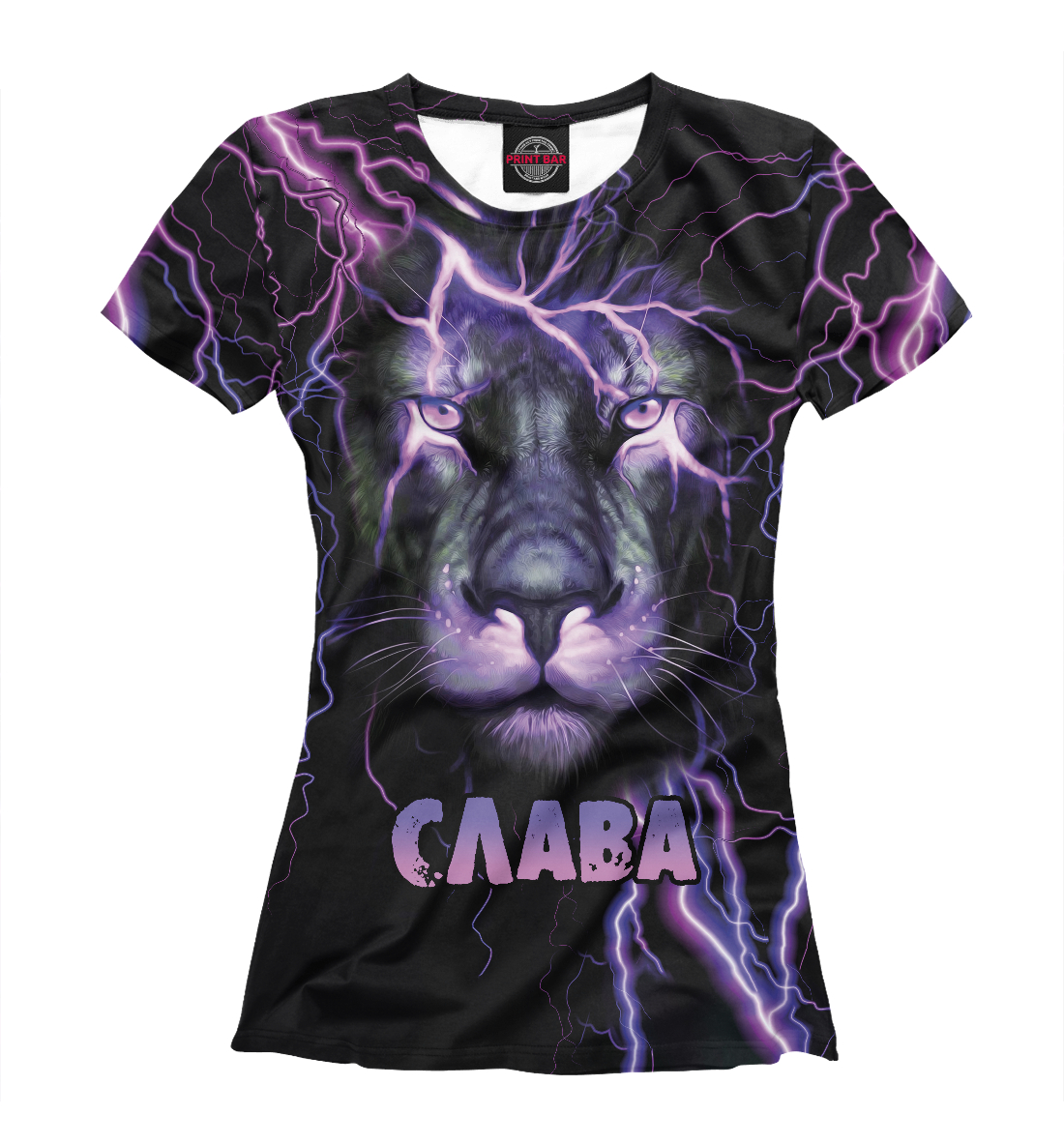 Женская футболка с принтом Неоновый лев Слава